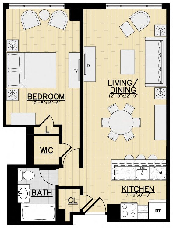 Floor plan for 1 bed, 1 bath, 703 sqft